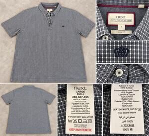 NEXT Men’s large Slim Fit  Micro Check Polo Shirt 100% Cotton Crown Logo
